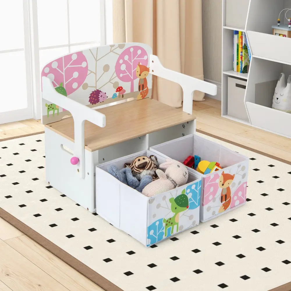 3 in 1 Kids Convertible Activity Bench with 2 Removable Fabric Bins-White - White - Kids Chairs & Seating
