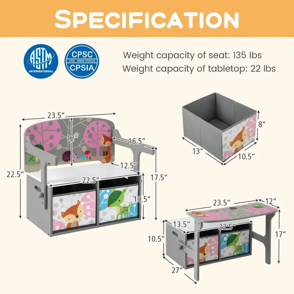 3 in 1 Kids Convertible Activity Bench with 2 Removable Fabric Bins-Gray - Gray - Kids Chairs & Seating