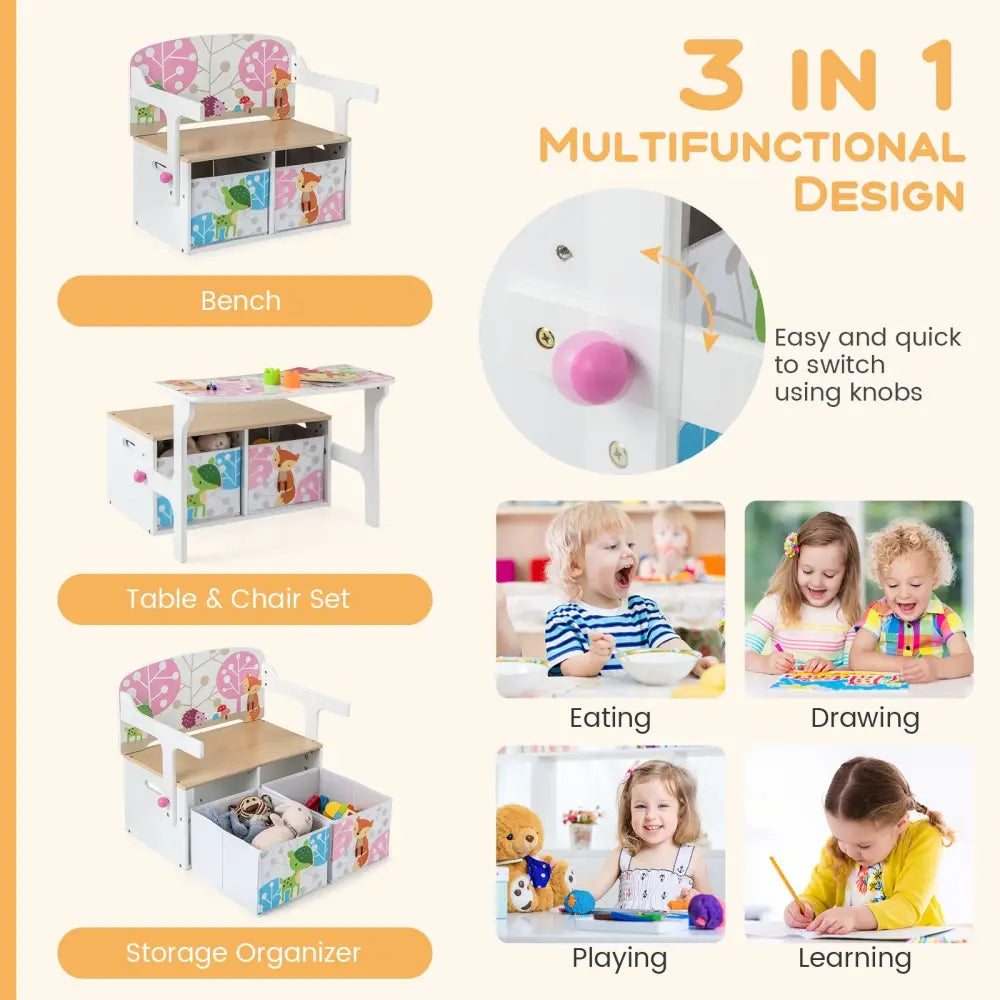 3 in 1 Kids Convertible Activity Bench with 2 Removable Fabric Bins-White - White - Kids Chairs & Seating