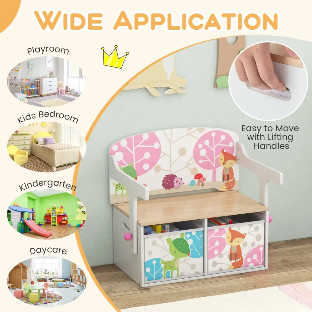 3 in 1 Kids Convertible Activity Bench with 2 Removable Fabric Bins-White - White - Kids Chairs & Seating