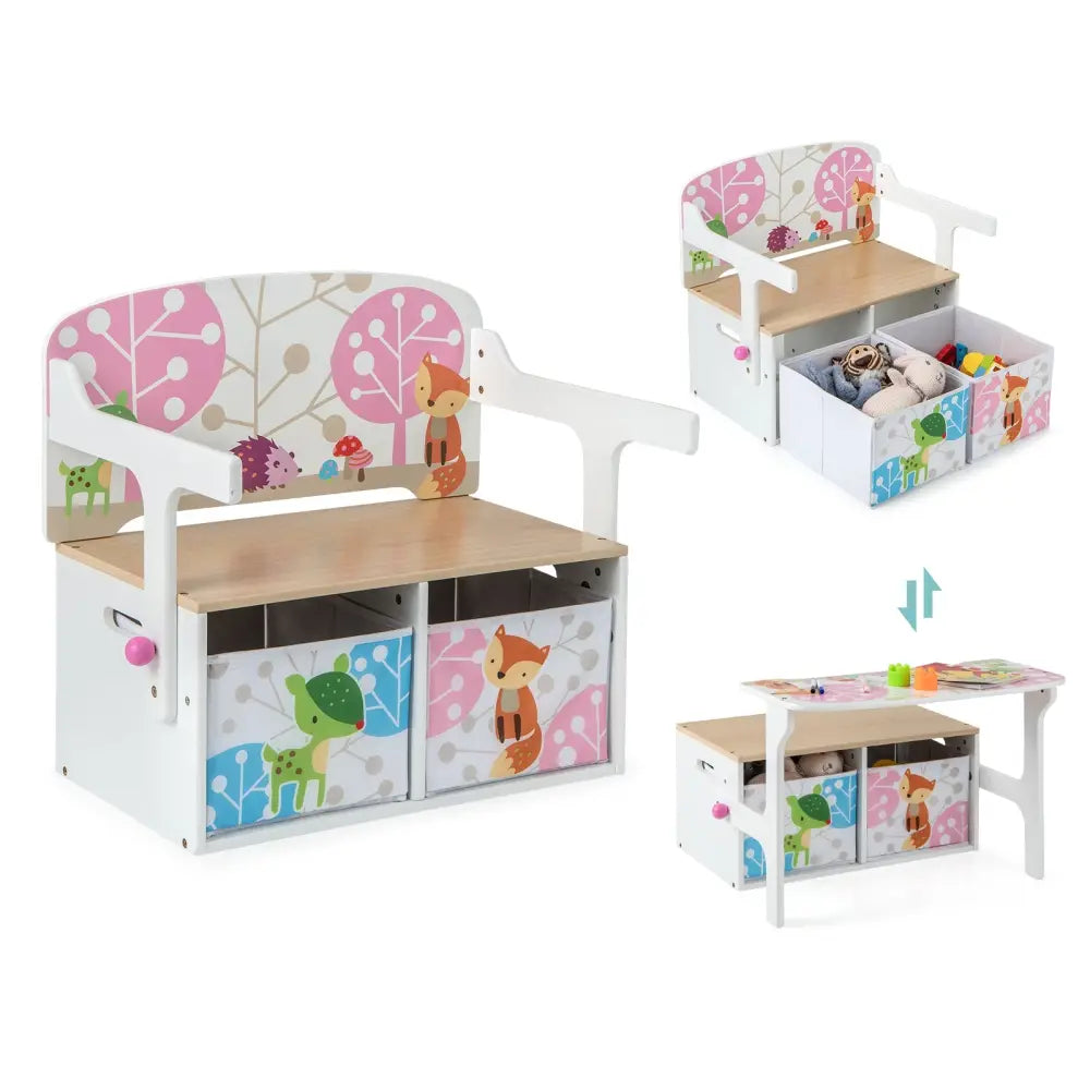3 in 1 Kids Convertible Activity Bench with 2 Removable Fabric Bins-White - White - Kids Chairs & Seating