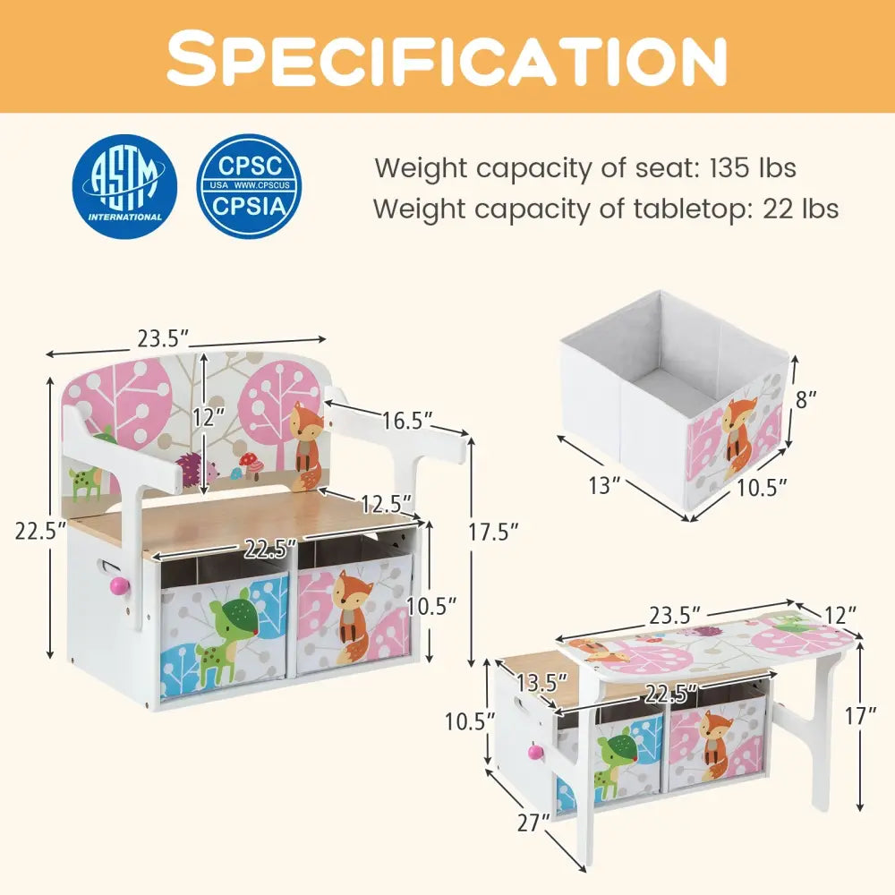 3 in 1 Kids Convertible Activity Bench with 2 Removable Fabric Bins-White - White - Kids Chairs & Seating