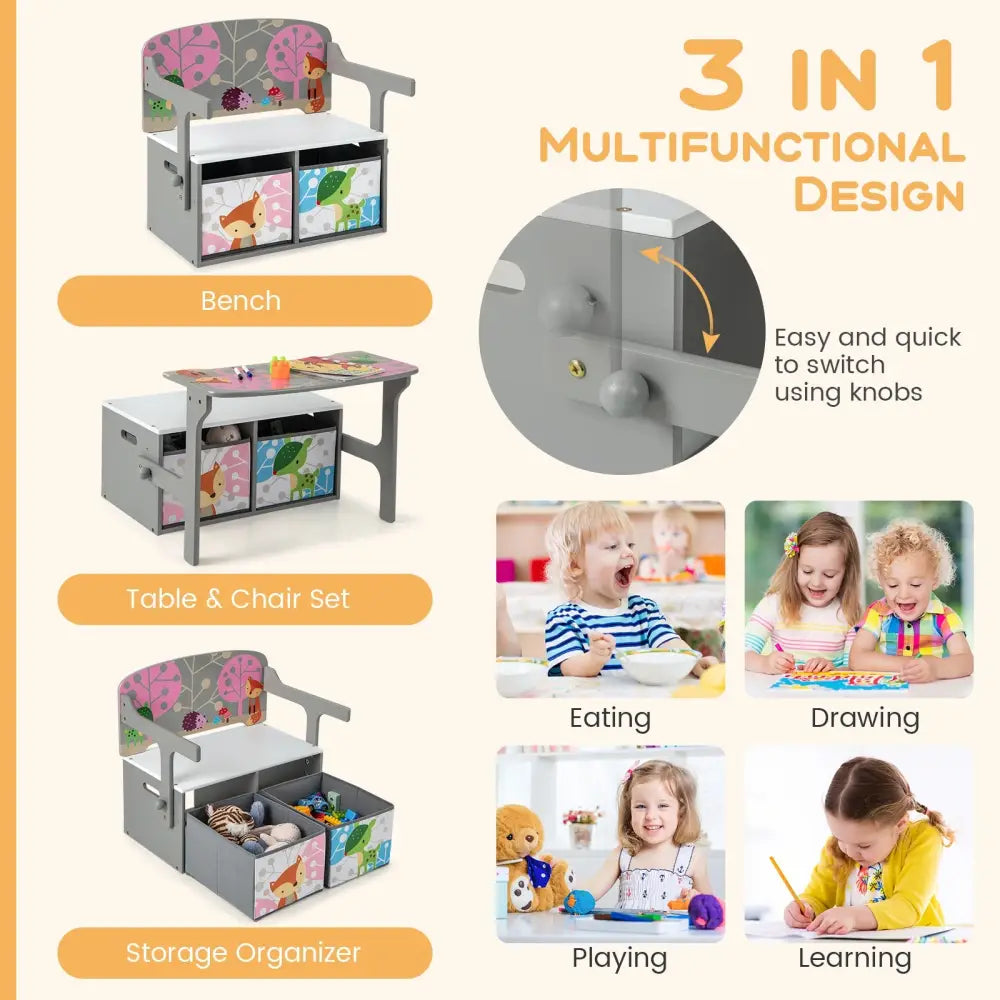3 in 1 Kids Convertible Activity Bench with 2 Removable Fabric Bins-Gray - Gray - Kids Chairs & Seating