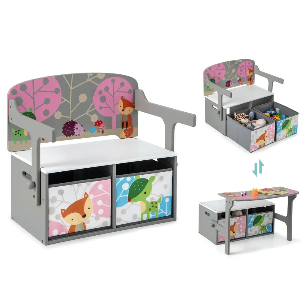 3 in 1 Kids Convertible Activity Bench with 2 Removable Fabric Bins-Gray - Gray - Kids Chairs & Seating