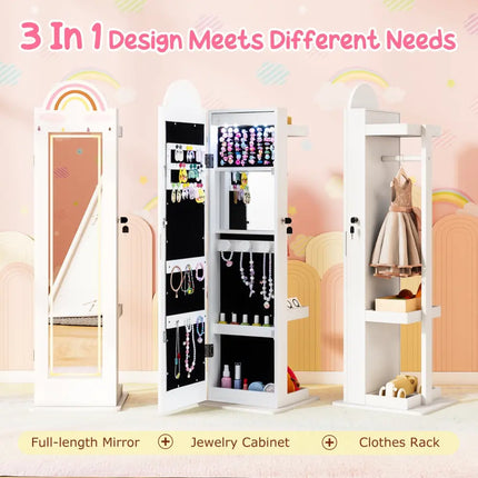 3 In 1 Kids Jewelry Cabinet Freestanding Jewelry Armoire with 3-Color Lighted Mirror-White - White - Kids Vanities