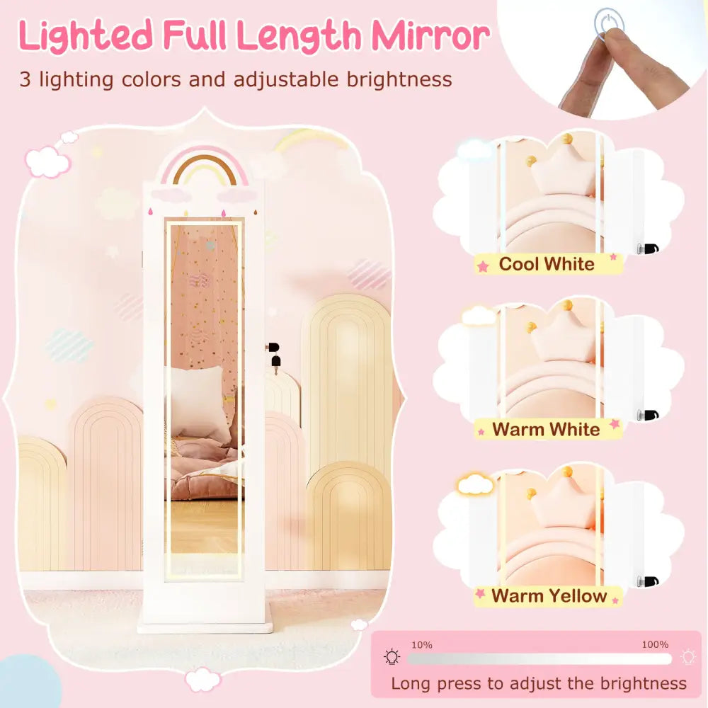 3 In 1 Kids Jewelry Cabinet Freestanding Jewelry Armoire with 3-Color Lighted Mirror-White - White - Kids Vanities