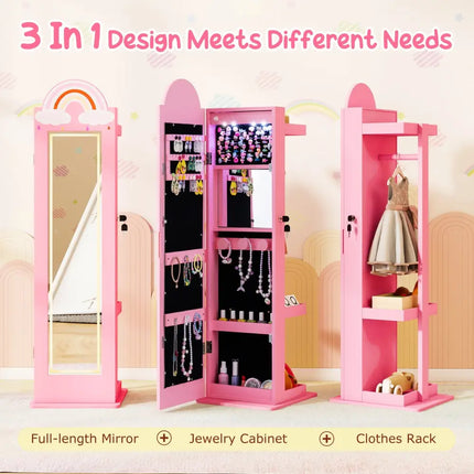 3 In 1 Kids Jewelry Cabinet Freestanding Jewelry Armoire with 3-Color Lighted Mirror-Pink - Pink - Kids Vanities