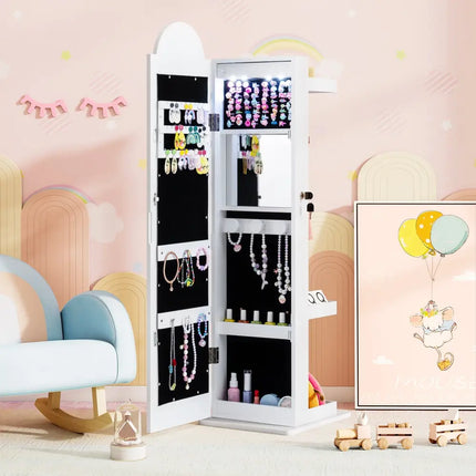 3 In 1 Kids Jewelry Cabinet Freestanding Jewelry Armoire with 3-Color Lighted Mirror-White - White - Kids Vanities