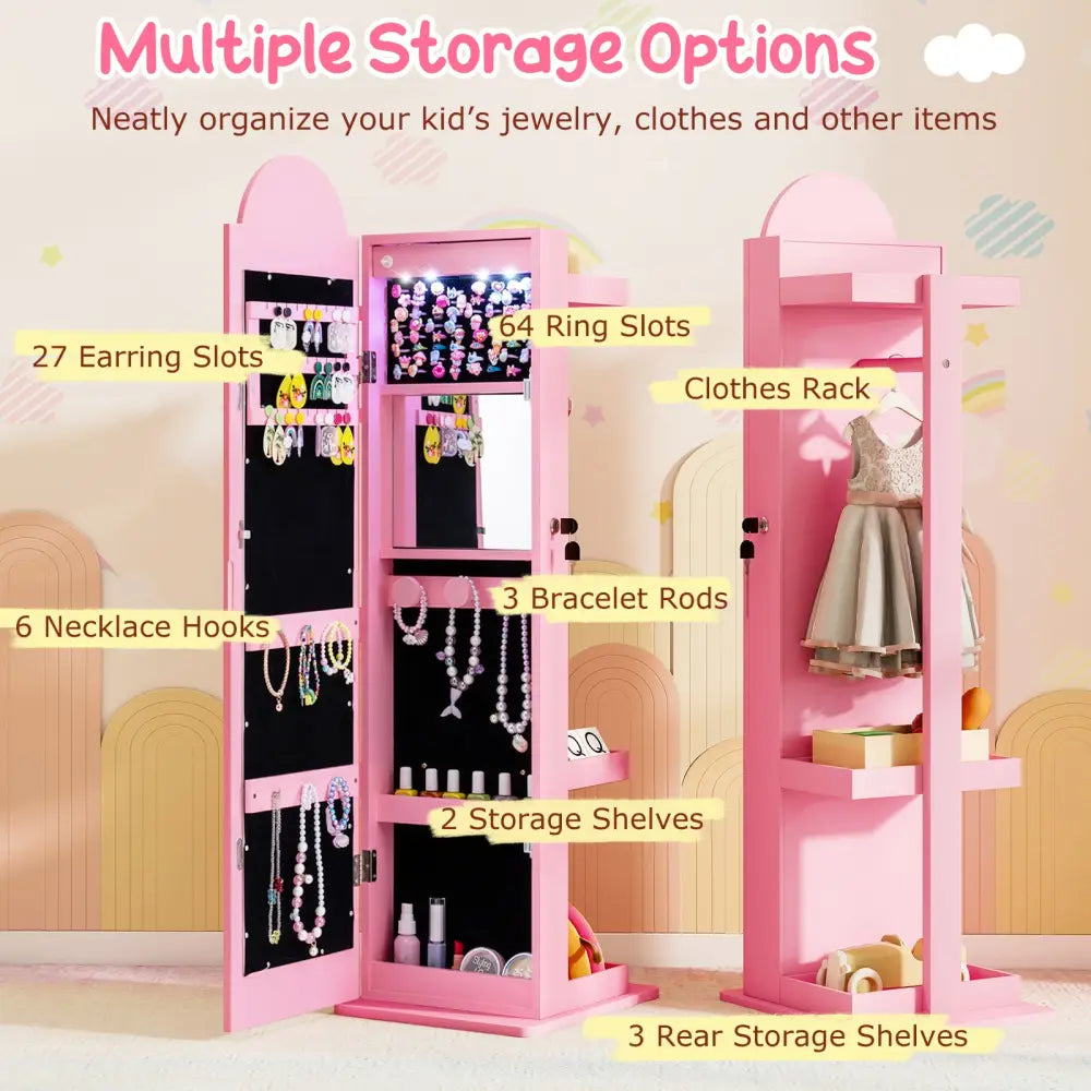 3 In 1 Kids Jewelry Cabinet Freestanding Jewelry Armoire with 3-Color Lighted Mirror-Pink - Pink - Kids Vanities