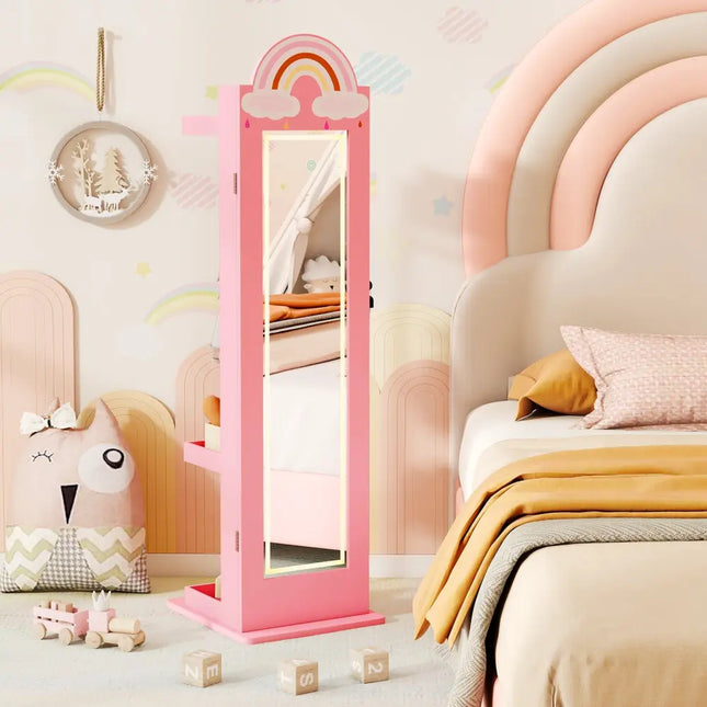 3 In 1 Kids Jewelry Cabinet Freestanding Jewelry Armoire with 3-Color Lighted Mirror-Pink - Pink - Kids Vanities