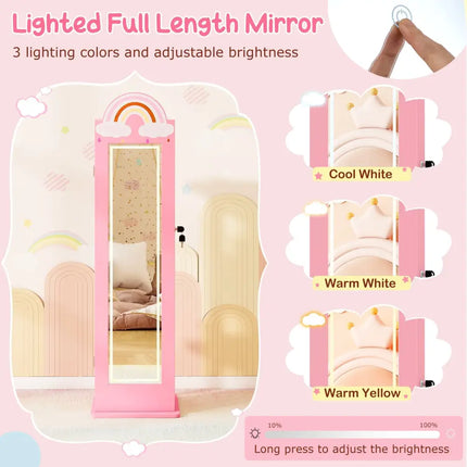 3 In 1 Kids Jewelry Cabinet Freestanding Jewelry Armoire with 3-Color Lighted Mirror-Pink - Pink - Kids Vanities
