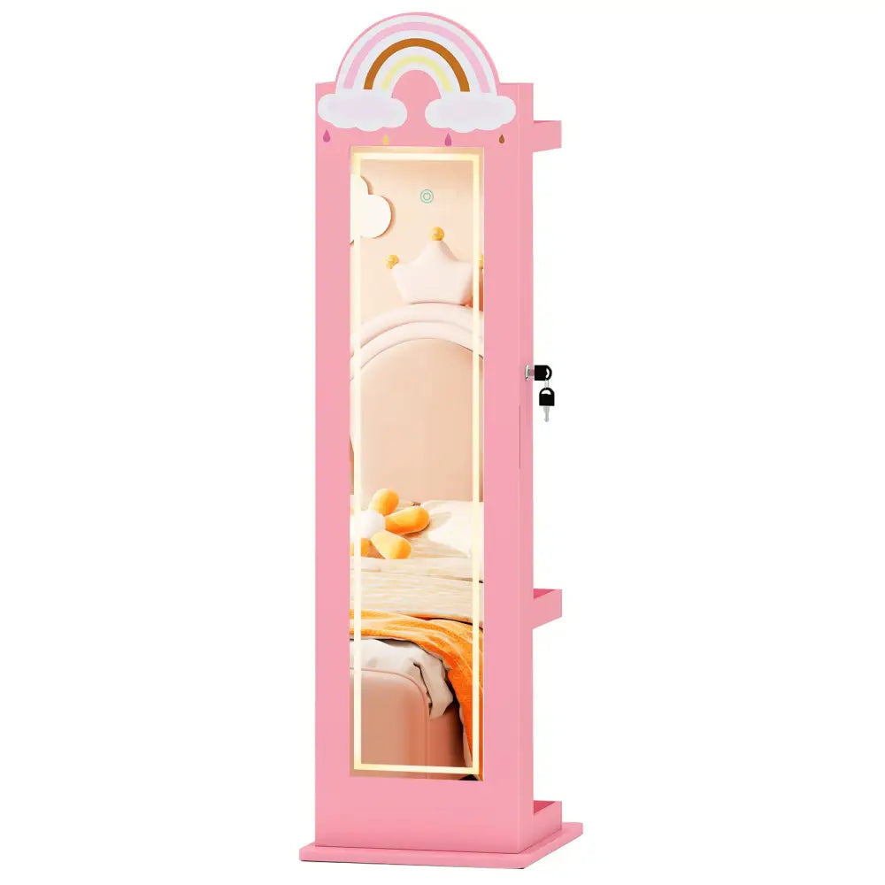 3 In 1 Kids Jewelry Cabinet Freestanding Jewelry Armoire with 3-Color Lighted Mirror-Pink - Pink - Kids Vanities
