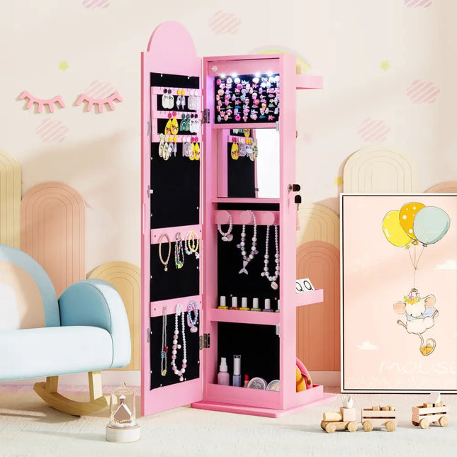 3 In 1 Kids Jewelry Cabinet Freestanding Jewelry Armoire with 3-Color Lighted Mirror-Pink - Pink - Kids Vanities