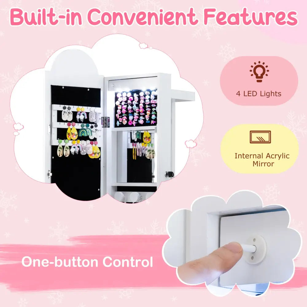 3 In 1 Kids Jewelry Cabinet Freestanding Jewelry Armoire with 3-Color Lighted Mirror-White - White - Kids Vanities