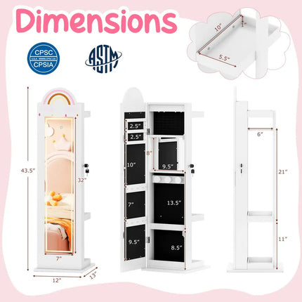 3 In 1 Kids Jewelry Cabinet Freestanding Jewelry Armoire with 3-Color Lighted Mirror-White - White - Kids Vanities