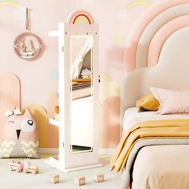 3 In 1 Kids Jewelry Cabinet Freestanding Jewelry Armoire with 3-Color Lighted Mirror-White - White - Kids Vanities