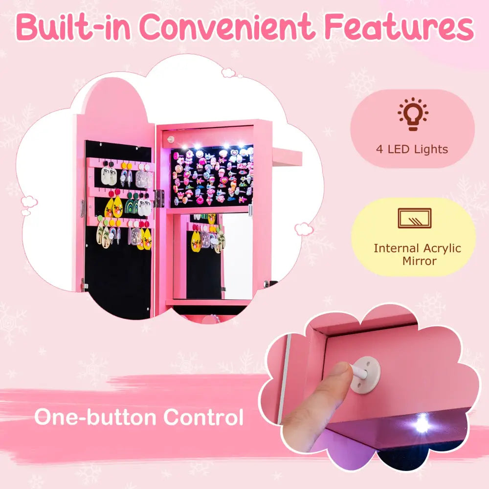 3 In 1 Kids Jewelry Cabinet Freestanding Jewelry Armoire with 3-Color Lighted Mirror-Pink - Pink - Kids Vanities