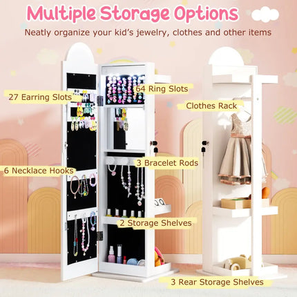 3 In 1 Kids Jewelry Cabinet Freestanding Jewelry Armoire with 3-Color Lighted Mirror-White - White - Kids Vanities