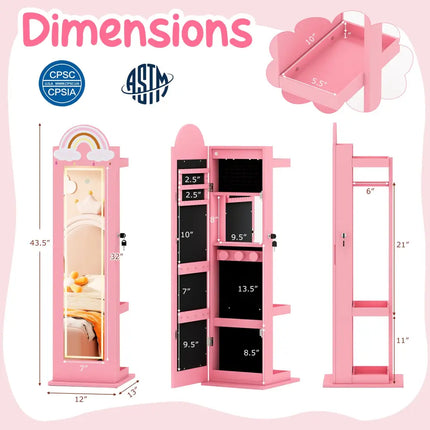 3 In 1 Kids Jewelry Cabinet Freestanding Jewelry Armoire with 3-Color Lighted Mirror-Pink - Pink - Kids Vanities