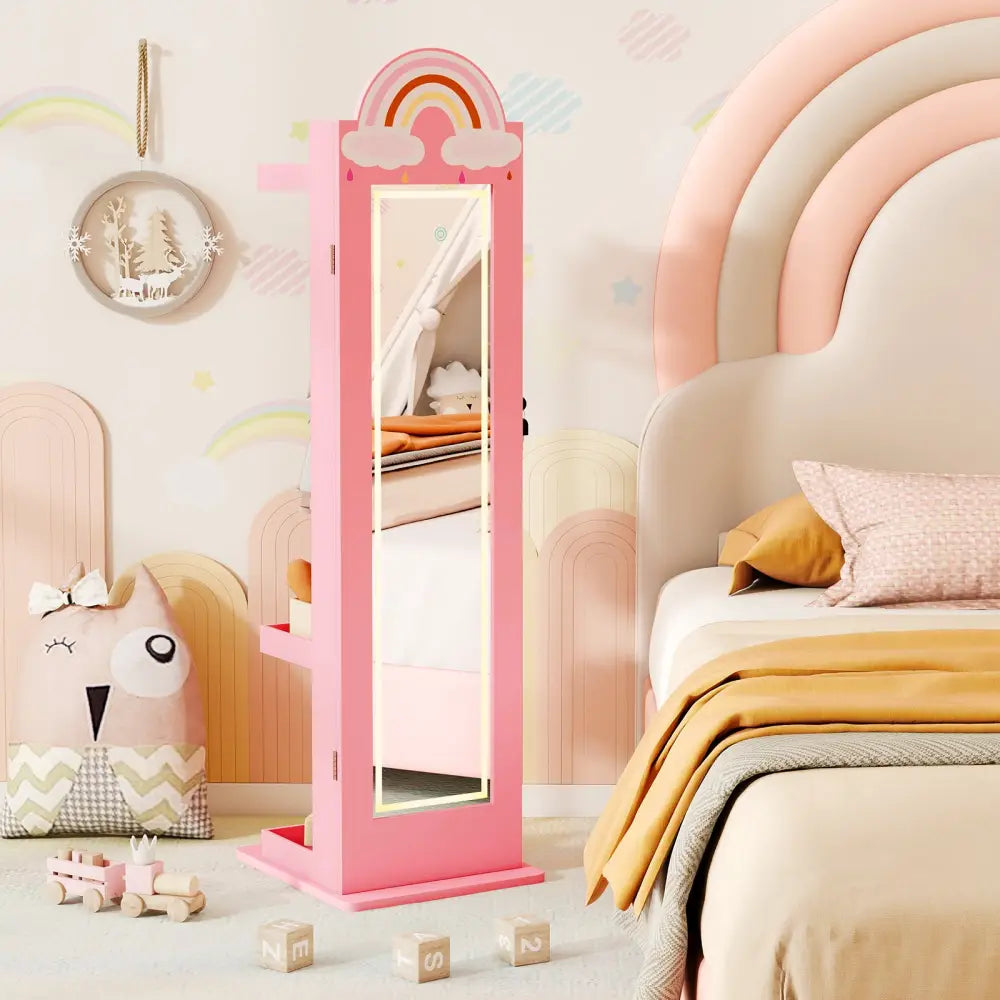 3 In 1 Kids Jewelry Cabinet Freestanding Jewelry Armoire with 3-Color Lighted Mirror-Pink - Pink - Kids Vanities