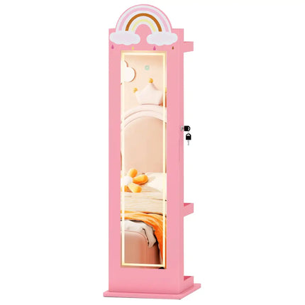 3 In 1 Kids Jewelry Cabinet Freestanding Jewelry Armoire with 3-Color Lighted Mirror-Pink - Pink - Kids Vanities
