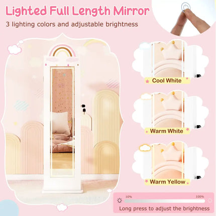 3 In 1 Kids Jewelry Cabinet Freestanding Jewelry Armoire with 3-Color Lighted Mirror-White - White - Kids Vanities