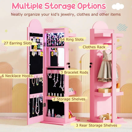 3 In 1 Kids Jewelry Cabinet Freestanding Jewelry Armoire with 3-Color Lighted Mirror-Pink - Pink - Kids Vanities