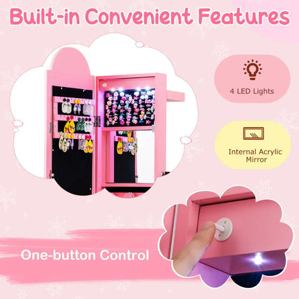 3 In 1 Kids Jewelry Cabinet Freestanding Jewelry Armoire with 3-Color Lighted Mirror-Pink - Pink - Kids Vanities