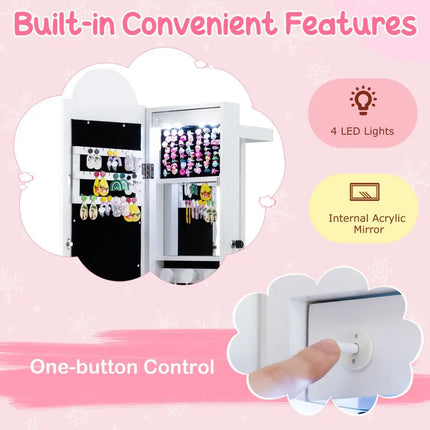 3 In 1 Kids Jewelry Cabinet Freestanding Jewelry Armoire with 3-Color Lighted Mirror-White - White - Kids Vanities