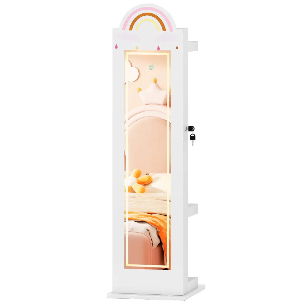 3 In 1 Kids Jewelry Cabinet Freestanding Jewelry Armoire with 3-Color Lighted Mirror-White - White - Kids Vanities