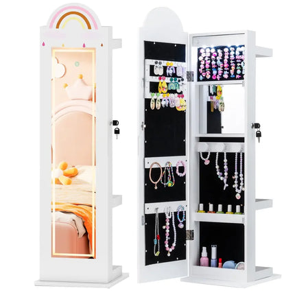 3 In 1 Kids Jewelry Cabinet Freestanding Jewelry Armoire with 3-Color Lighted Mirror-White - White - Kids Vanities