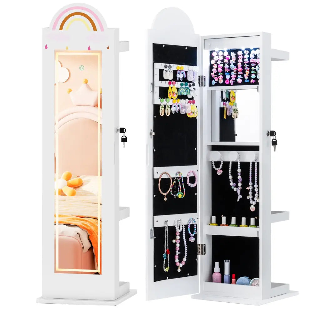 3 In 1 Kids Jewelry Cabinet Freestanding Jewelry Armoire with 3-Color Lighted Mirror-White - White - Kids Vanities