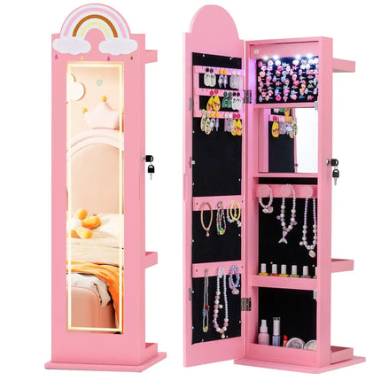 3 In 1 Kids Jewelry Cabinet Freestanding Jewelry Armoire with 3-Color Lighted Mirror-Pink - Pink - Kids Vanities