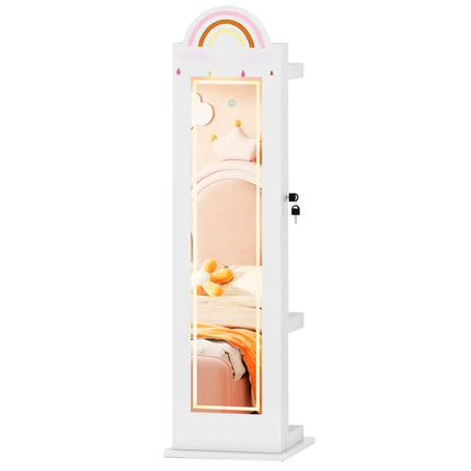3 In 1 Kids Jewelry Cabinet Freestanding Jewelry Armoire with 3-Color Lighted Mirror-White - White - Kids Vanities