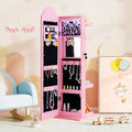 3 In 1 Kids Jewelry Cabinet Freestanding Jewelry Armoire with 3-Color Lighted Mirror-Pink - Pink - Kids Vanities
