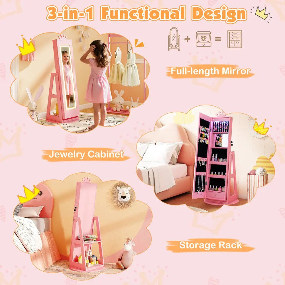 3 In 1 Kids Jewelry Cabinet with 3-Color Lighted Full Length Mirror and Internal Mirror-Pink - Pink - Kids Vanities