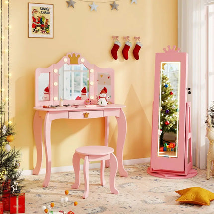3 In 1 Kids Jewelry Cabinet with 3-Color Lighted Full Length Mirror and Internal Mirror-Pink - Pink - Kids Vanities
