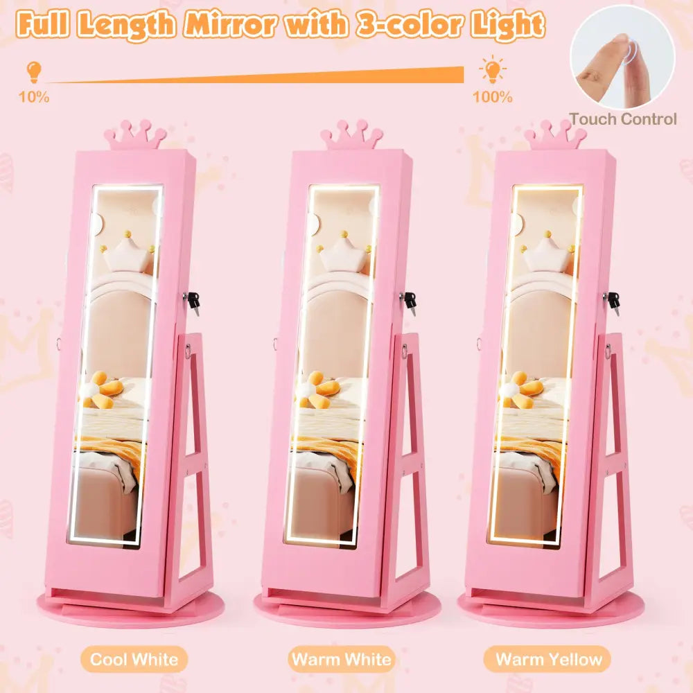 3 In 1 Kids Jewelry Cabinet with 3-Color Lighted Full Length Mirror and Internal Mirror-Pink - Pink - Kids Vanities