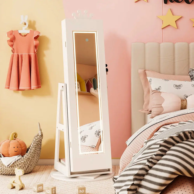 3 In 1 Kids Jewelry Cabinet with 3-Color Lighted Full Length Mirror and Internal Mirror-White - White - Kids Vanities