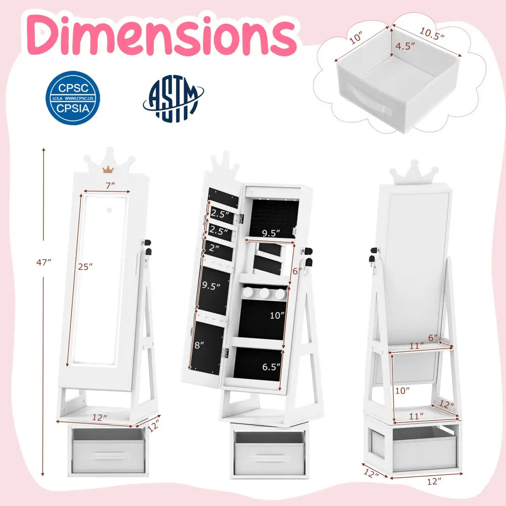 3 In 1 Kids Jewelry Cabinet with 3-Color Lighted Full Length Mirror-White - White - Kids Vanities