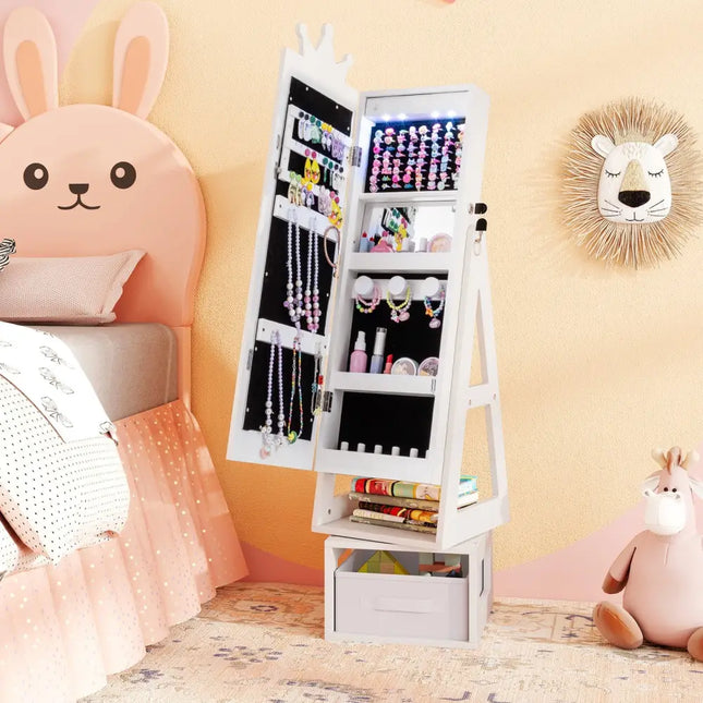 3 In 1 Kids Jewelry Cabinet with 3-Color Lighted Full Length Mirror-White - White - Kids Vanities