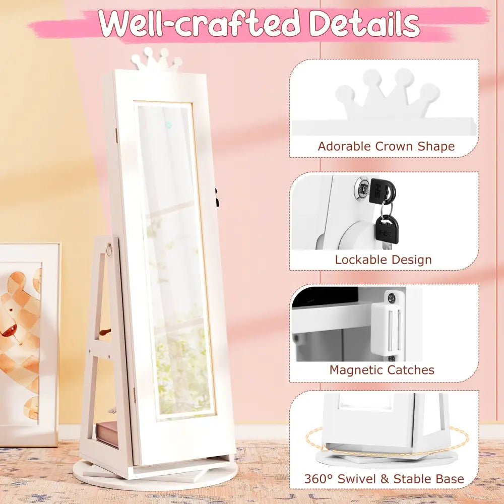3 In 1 Kids Jewelry Cabinet with 3-Color Lighted Full Length Mirror and Internal Mirror-White - White - Kids Vanities
