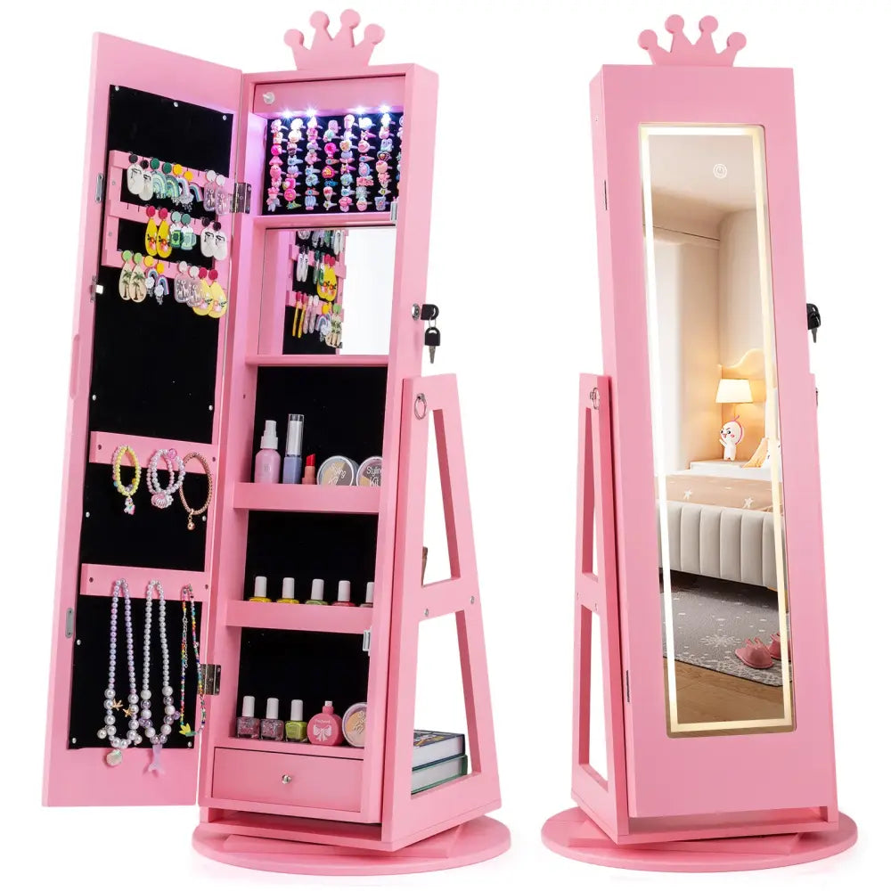 3 In 1 Kids Jewelry Cabinet with 3-Color Lighted Full Length Mirror and Internal Mirror-Pink - Pink - Kids Vanities