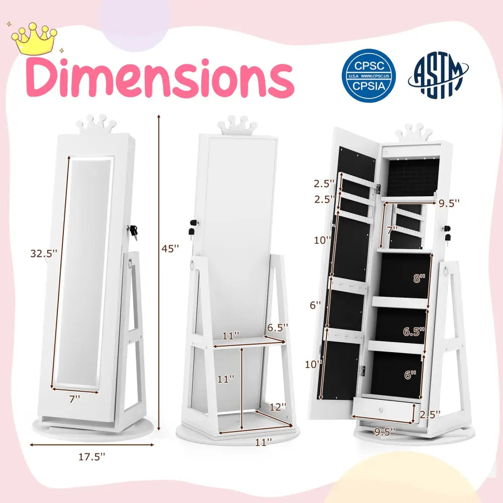 3 In 1 Kids Jewelry Cabinet with 3-Color Lighted Full Length Mirror and Internal Mirror-White - White - Kids Vanities