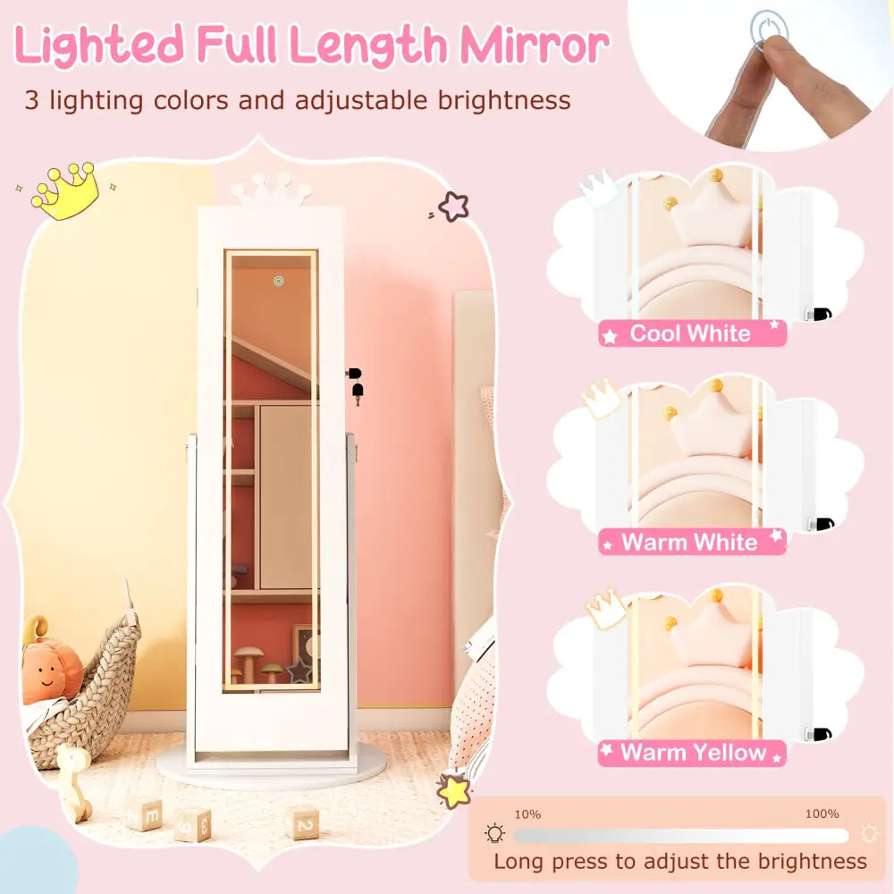 3 In 1 Kids Jewelry Cabinet with 3-Color Lighted Full Length Mirror and Internal Mirror-White - White - Kids Vanities
