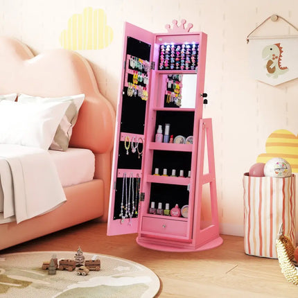 3 In 1 Kids Jewelry Cabinet with 3-Color Lighted Full Length Mirror and Internal Mirror-Pink - Pink - Kids Vanities