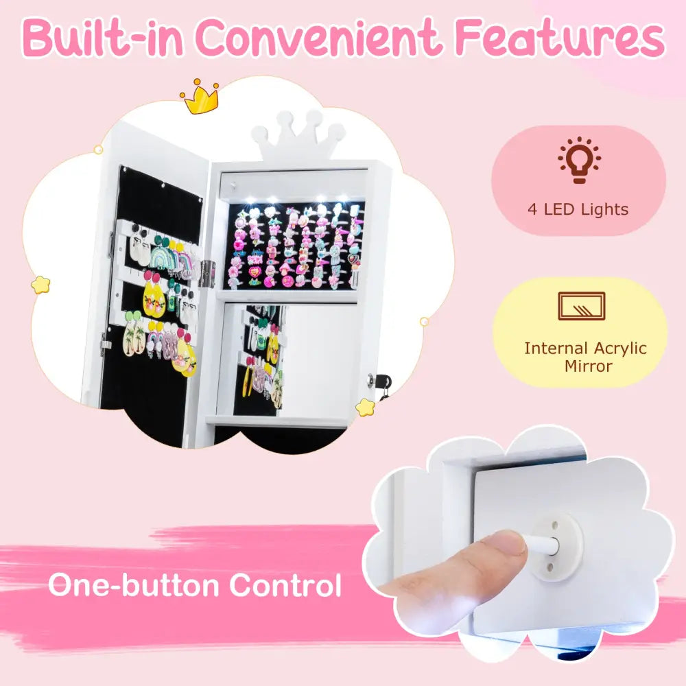3 In 1 Kids Jewelry Cabinet with 3-Color Lighted Full Length Mirror and Internal Mirror-White - White - Kids Vanities