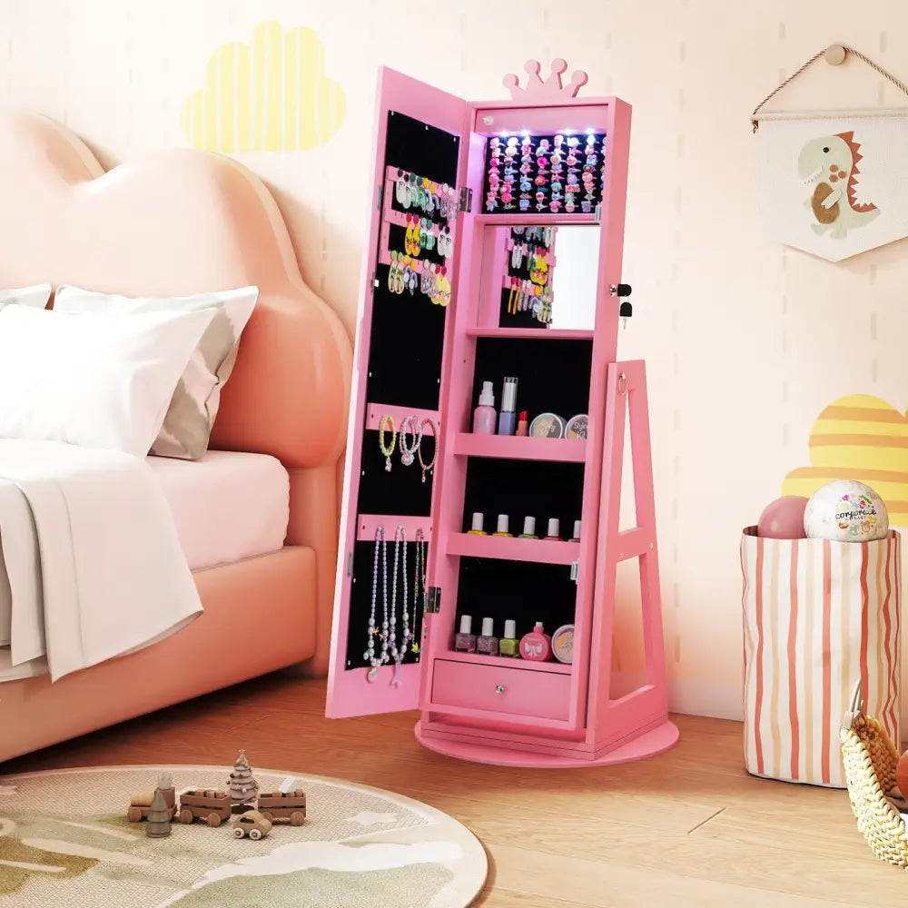 3 In 1 Kids Jewelry Cabinet with 3-Color Lighted Full Length Mirror and Internal Mirror-Pink - Pink - Kids Vanities
