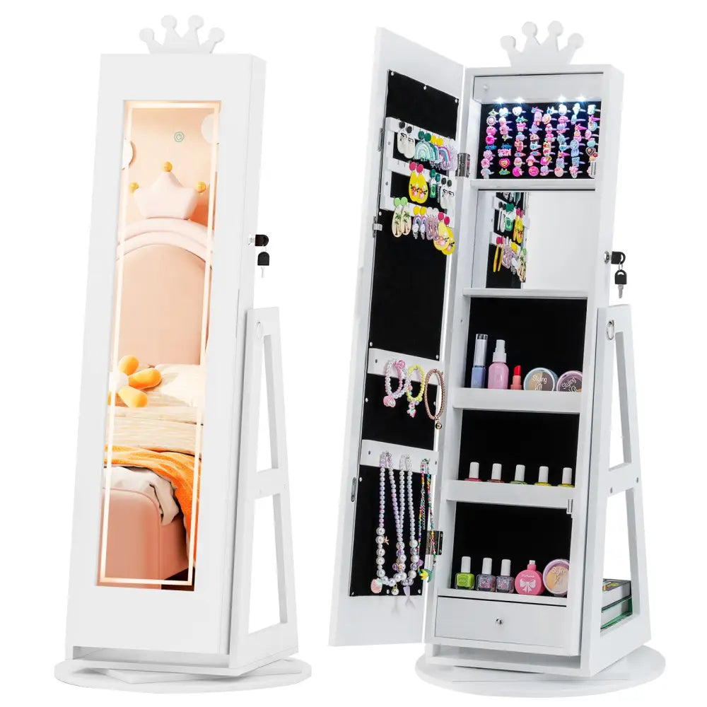 3 In 1 Kids Jewelry Cabinet with 3-Color Lighted Full Length Mirror and Internal Mirror-White - White - Kids Vanities