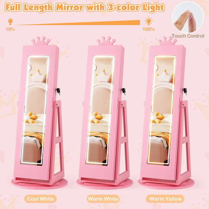 3 In 1 Kids Jewelry Cabinet with 3-Color Lighted Full Length Mirror and Internal Mirror-Pink - Pink - Kids Vanities
